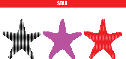 Creative vector set of starfish icons featuring a unique digital pixel art style and mosaic patterns for ocean-themed graphic designs summer beach branding and modern marine life