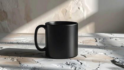 Black Coffee Mug on a Textured Surface with Shadows.