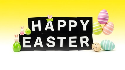 Happy easter sign with colorful eggs and bunnies on yellow background