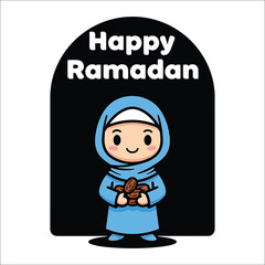 A cheerful cartoon character in blue traditional attire holding a plate of dates with the