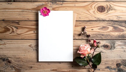 Blank Canvas with Flowers on Rustic Wooden Surface.