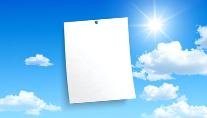 Blank Paper Against a Bright Blue Sky with Clouds and Sun.