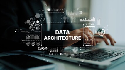 Professional data architecture concept with visual elements, charts, and graphs analyzing digital information and technology trends. Asymptotic smart data analytic.