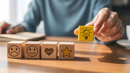 Businesswoman holds creative light bulb icon block representing great idea over customer rating emotion cubes