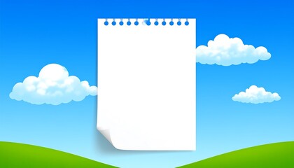 Blank paper on a vibrant blue sky with fluffy white clouds and green hills.