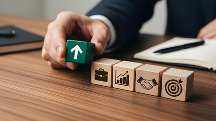 Businessman placing green block with upward arrow on table
