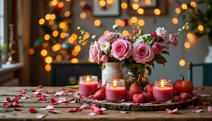 Romantic bouquet of roses with burning pink candles in glass jars on a wooden table, petals and hearts on the background of warm fire.