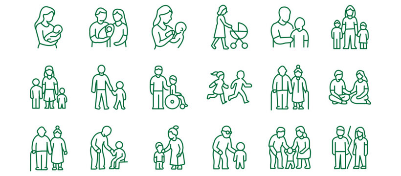 Family and parenting line icon set. Vector pictograms of couples, single parents, children, elderly, baby, newborn, teenager thin linear illustration.