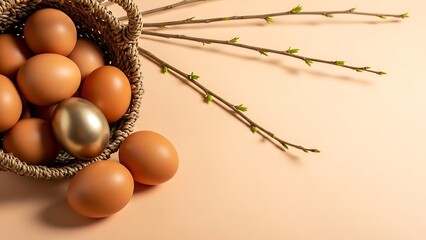 Brown eggs in wicker basket with golden egg and spring twigs on beige background