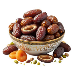 A bowl of fresh dates and dried fruits on a black background