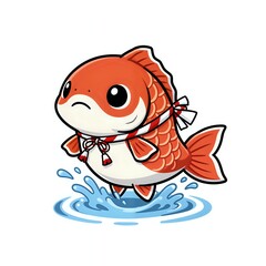 Cute koi fish leaping with a festive ribbon