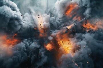 Dramatic explosion generating fire, smoke, and debris, creating a powerful and destructive scene