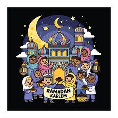 Children in traditional Islamic attire holding lanterns and gifts in front of a mosque