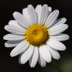 An isolated white and yellow daisy against a black background