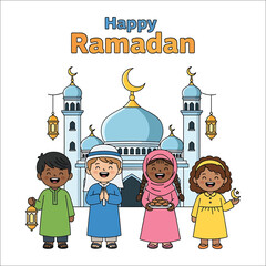 Four children in traditional clothing celebrating Ramadan in front of a mosque with a