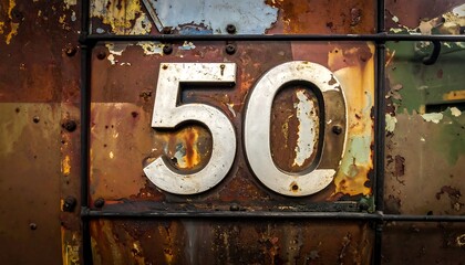 Rusty metal sign displaying the number fifty, weathered and aged.