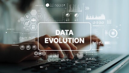 Hands Typing on Keyboard with Graphical Overlay Showing Concepts of Data Evolution and Technology Advancement. Asymptotic smart data analytic.
