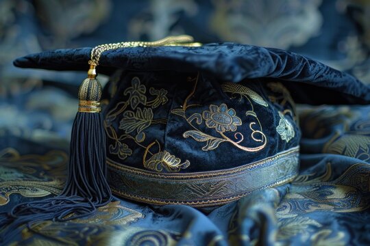 Embroidered doctoral mortarboard with tassel displayed on elegant fabric during graduation ceremony, representing academic achievement and higher education
