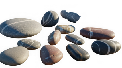 A collection of smooth rounded stones with colorful stripes on a white background with striped rocks and smooth stones and pebbles and river rocks