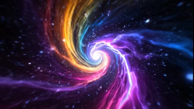 Abstract flight through a spiraling, multicolored wormhole. Colorful cosmic energy, nebulae, and stars twisting into a bright vortex