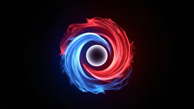 Luminous red and blue energy vortexes intertwining and rotating around a central white orb. This conceptual animation represents duality and fusion