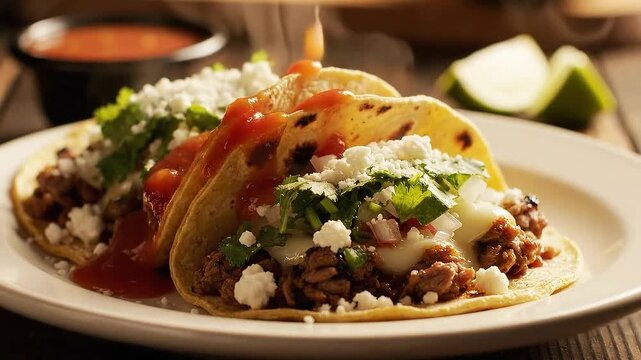 Two soft-shell tacos stuffed with spiced beef, cilantro, cheese, salsa, lime wedges, rustic setting