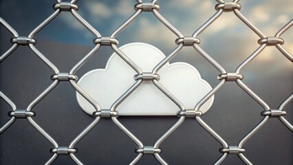 Naklejka premium Quantum Cryptography A cloud icon is seen behind a chain-link fence, symbolizing barriers to digital access or data.