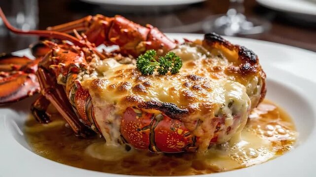 Lobster tail smothered in bubbling cheese sauce, drizzled with citrus butter, plated elegantly today