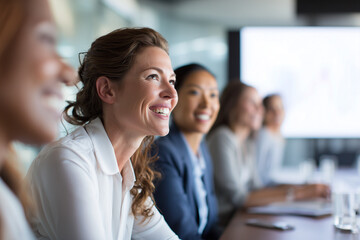 Close up of a Group of female executives attend corporate event sitting in a board room behind a huge long desk. They are facing projection screen with female ceo presenting business performance