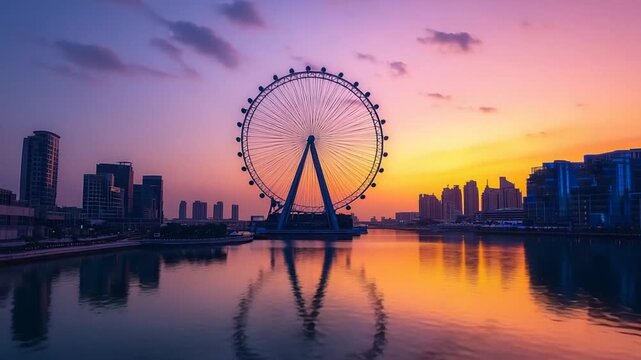 aerial drone footage of ain dubai ferris wheel at sunset zoom out video