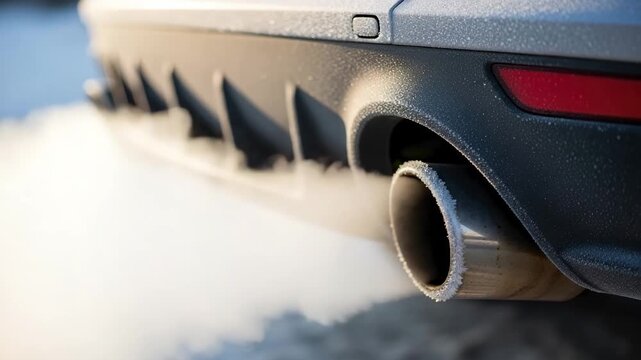 Close-up of a car exhaust pipe emitting smoke on a cold winter day. Vehicle engine running and causing air pollution from carbon emissions. Frost on a tailpipe in freezing weather