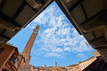 Tower in Campo Square in Siena, Tuscany, Italy.