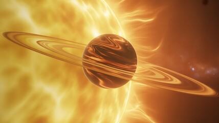 Golden Ringed Planet in Front of a Radiant Star