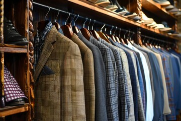 Elegant blazers and shirts hanging in a classic fashion retail store, showcasing men's apparel