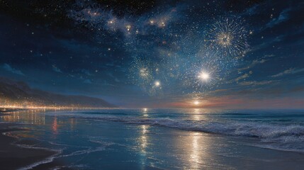 Obraz premium Nightfall Serenity: Witness the serene beauty of a starlit night reflected on the tranquil ocean surface. The sky, a canvas of glistening stars.