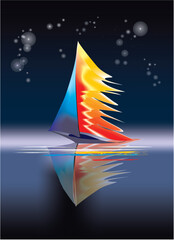 composition with a sailboat sailing on the sea