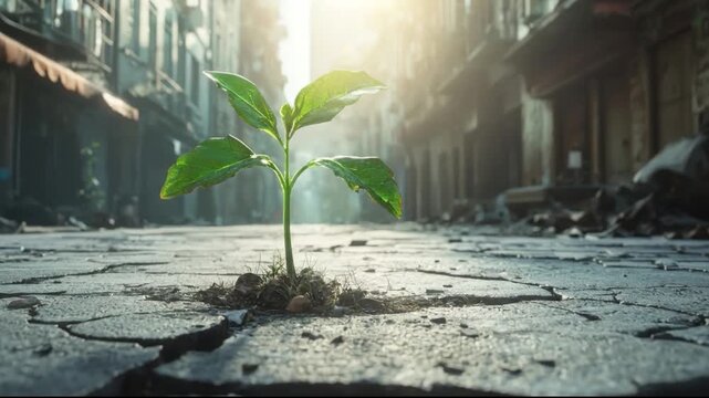 Solitary green sprout growing through a crack in the pavement of a desolate, ruined urban street. New life and hope emerging amidst destruction