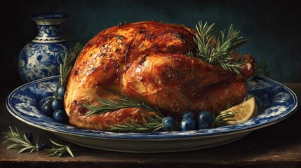 Fototapeta premium A delicious, golden-brown roasted turkey, beautifully presented on an antique plate. Adorned with fresh herbs, grapes, and a lemon wedge. ..Created with Generative AI, not depicting real subjects.