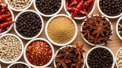 Overhead Close-up of Various Spices in White Bowls on Wood
