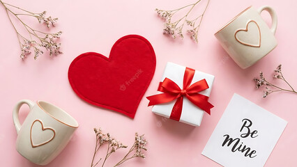 Valentine's Day flat lay with heart-shaped gift, mugs, flowers, and 'Be Mine' note on pink background