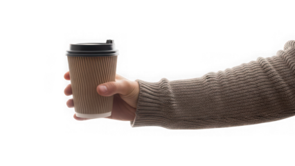 A person wearing a brown sweater holds a disposable coffee cup with a black lid on a white background with takeout and beverage and morning and routine