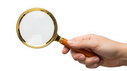 A hand holding a gold magnifying glass with a brown wooden handle on a white background for search and investigation concepts with discovery