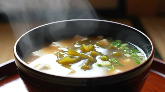 Steaming miso soup in a dark bowl, featuring tofu cubes, seaweeds, green onions, and yellow garnish