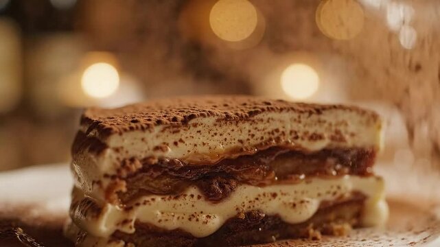 A tiramisu slice with coffee-soaked layers, creamy filling, cocoa dusting, warm cozy bokeh lights!!!