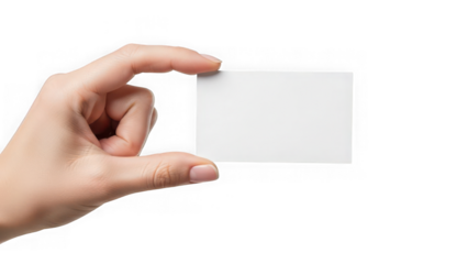 Hand holding a blank white business card on isolated white background for personal or professional use with template and advertising and communication
