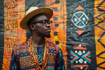 Obraz premium Portrait of a fashionable african man showcasing traditional attire and accessories against a vibrant backdrop