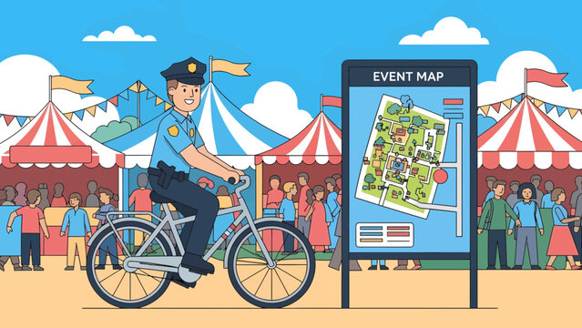 Police Officer on Bicycle at Outdoor Event with Map.