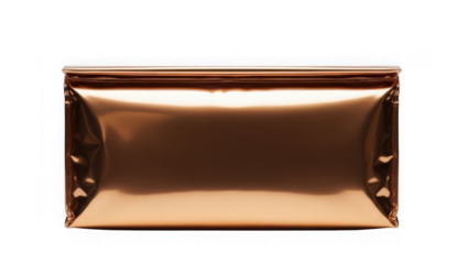 Shiny copper colored metallic pouch with sealed edges on white background for packaging design with luxury and premium and product and retail