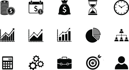 Finance business icon set, money time analytics charts management planning growth strategy investment profit leadership symbols corporate success vector collection