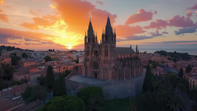 aerial drone view of la seu cathedral palma de mallorca spain video